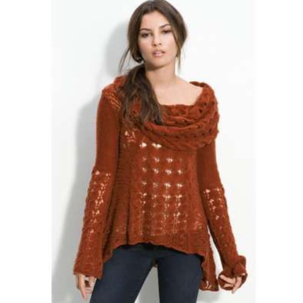 Free People Rust Brown open cable Knit Cowl Neck Pullover Sweater - 47198